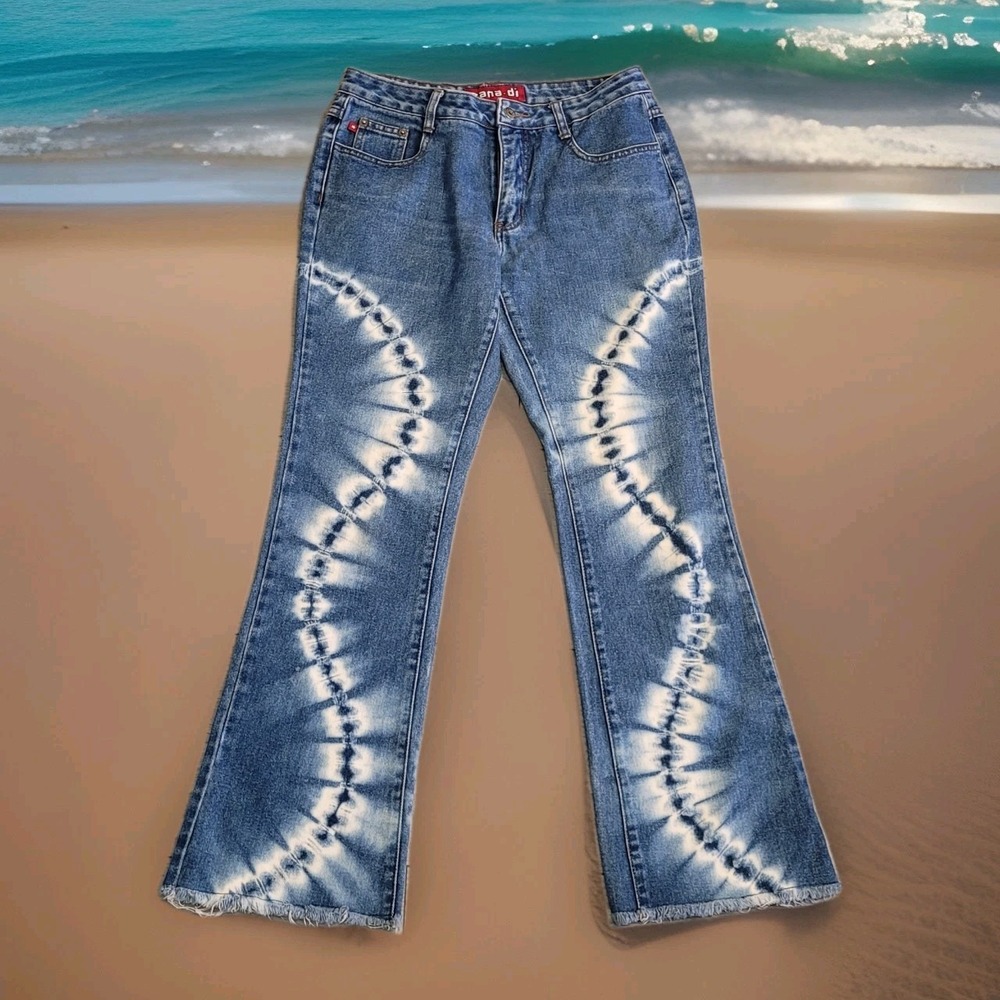 👖Vintage Zana Di Jeans Womens 7 Medium‎ Wash Tie Tye Flare Raw Raw Hem Boho Y2